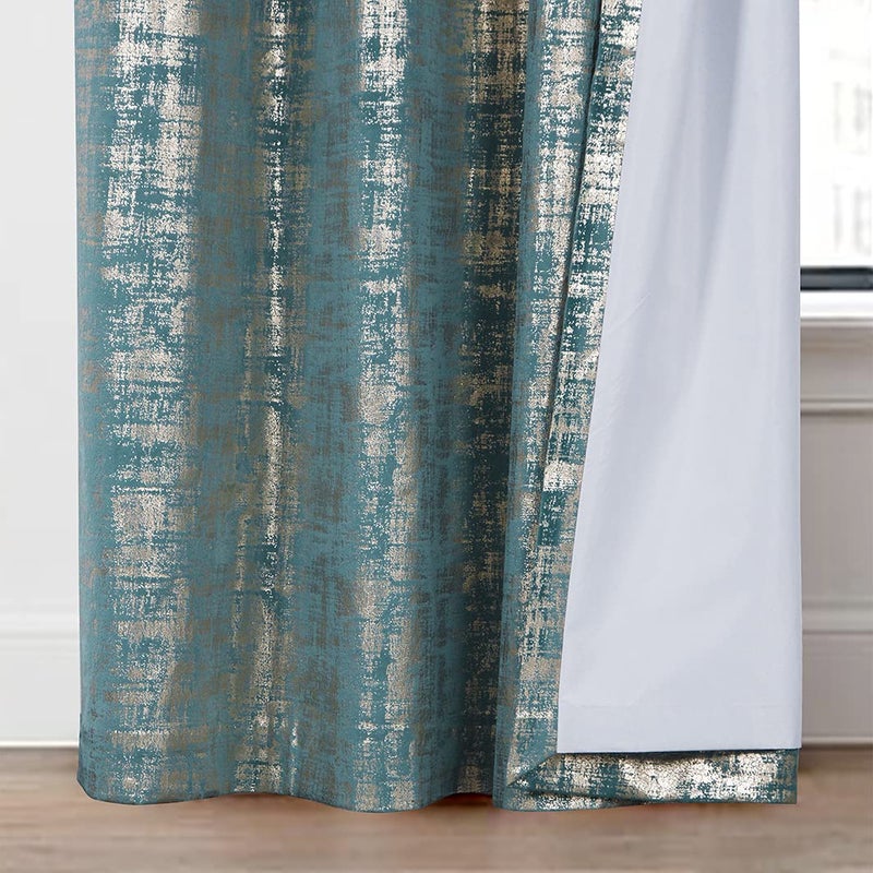 always4u 100% Blackout Soft Velvet Curtains for Bedroom Living Room Thermal Energy Saving 95 Inches Long Luxury Gold Foil Print Drapes 2 Panels Teal - Image 4